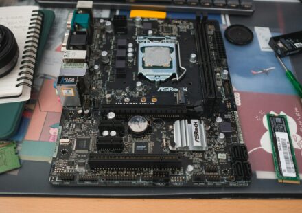 Computer motherboard with cpu socket and components.
