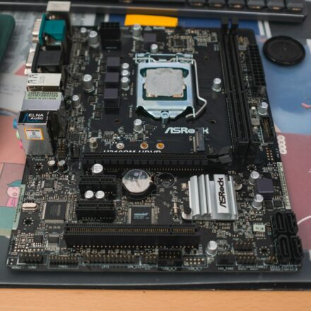 Computer motherboard with cpu socket and components.