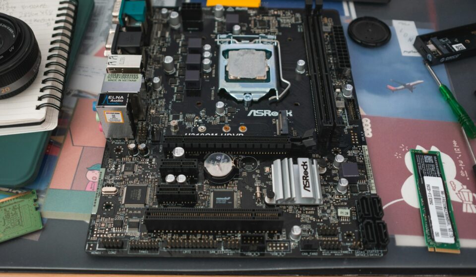 Computer motherboard with cpu socket and components.