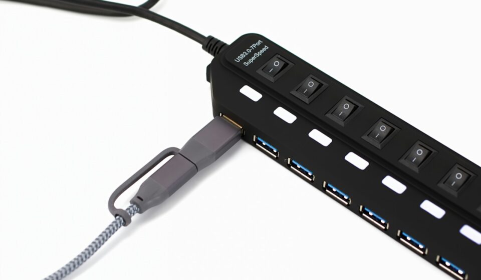 Black usb hub with multiple ports and switches.