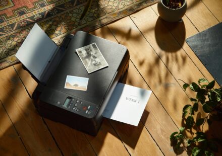 a printer sitting on top of a wooden floor next to a potted plant