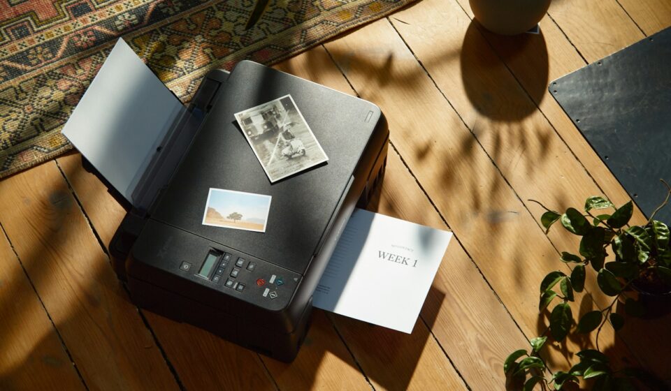 a printer sitting on top of a wooden floor next to a potted plant